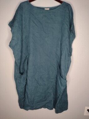 Curator SF Women's Tank Dress 4X Blue Pockets Lagenlook Minimalist Linen S1
